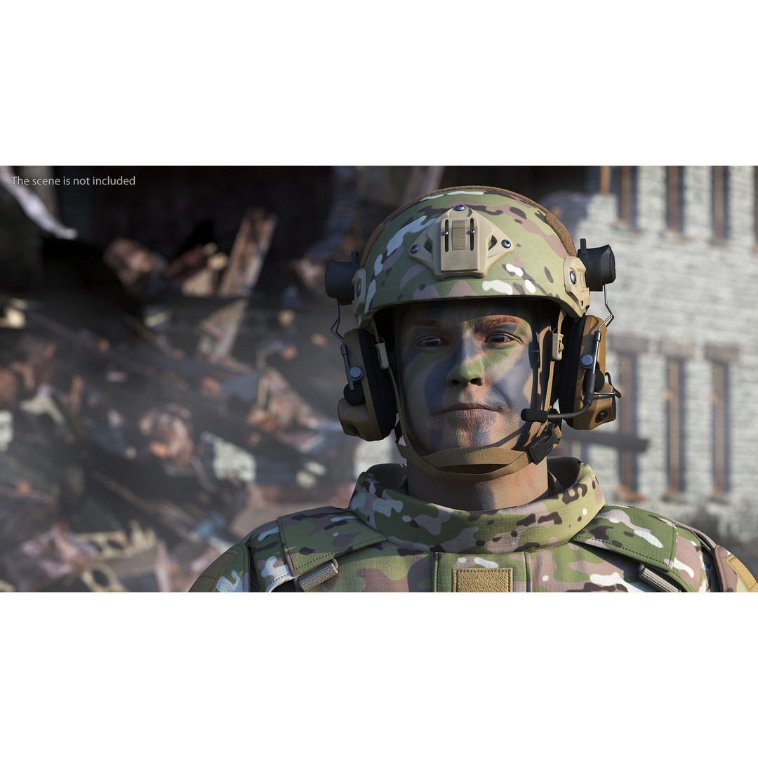 Tactical Gear Helmet 3D Model – Green Camo Fur, PBR Textures - View 2