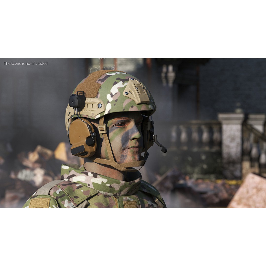 Tactical Gear Helmet 3D Model – Green Camo Fur, PBR Textures - View 3