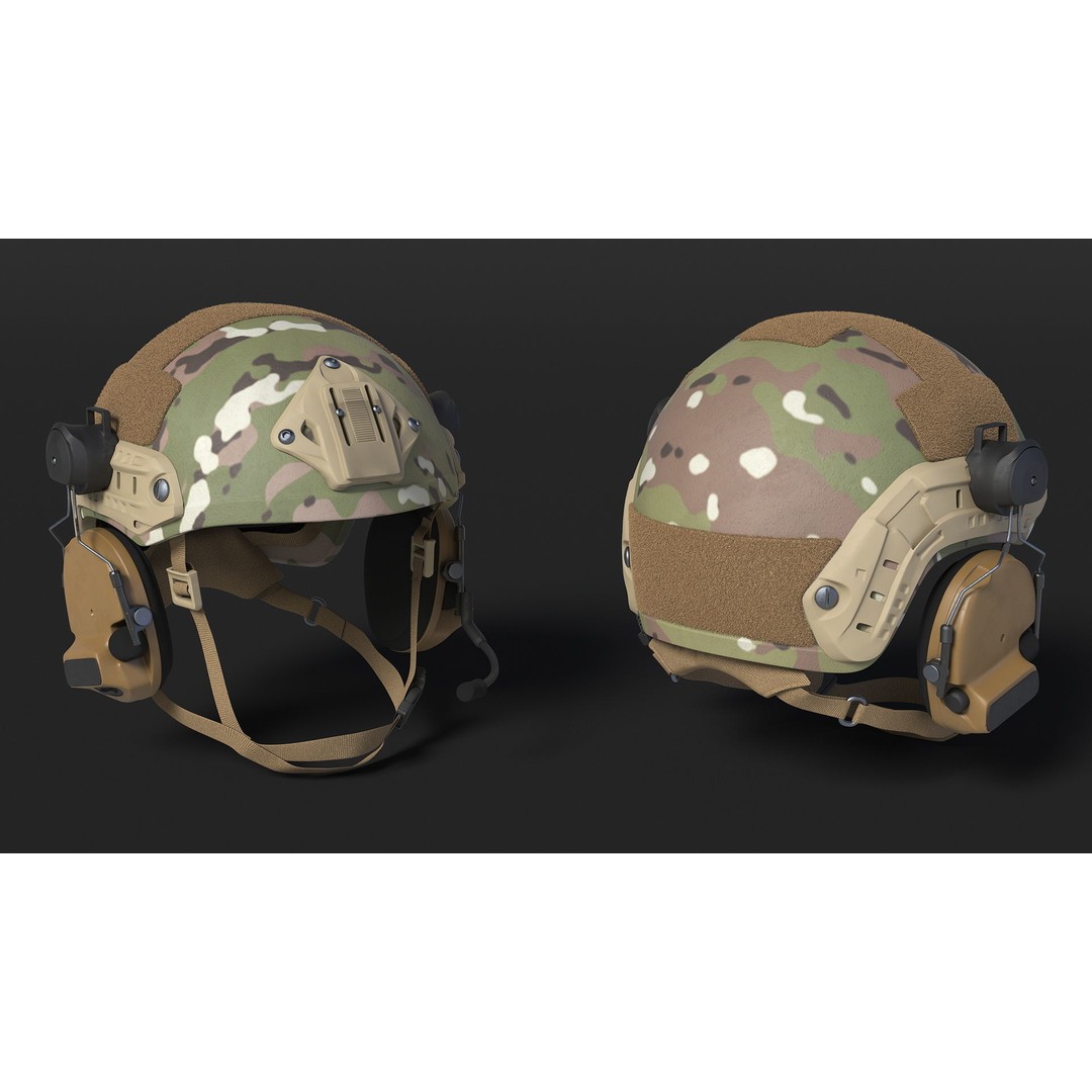 Tactical Gear Helmet 3D Model – Green Camo Fur, PBR Textures - View 4