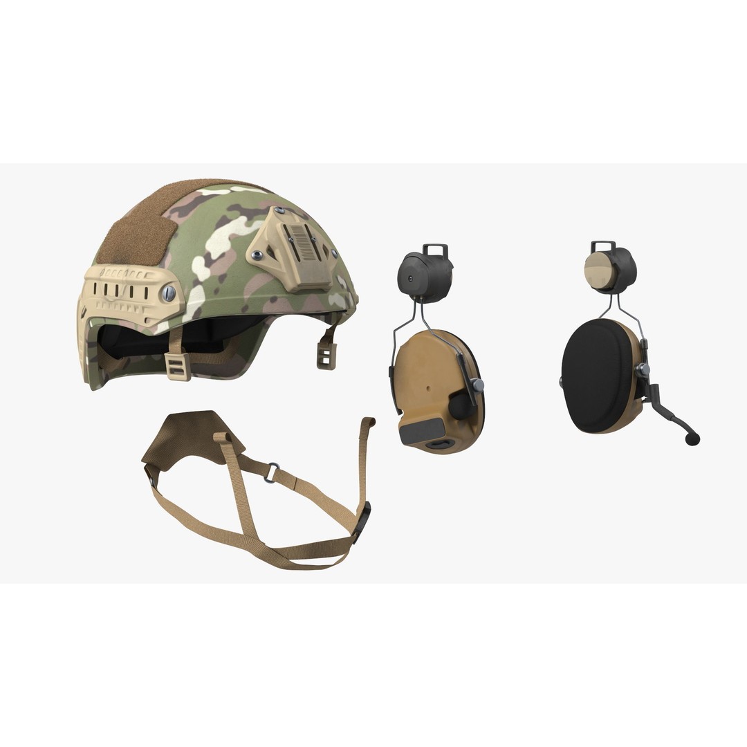 Tactical Gear Helmet 3D Model – Green Camo Fur, PBR Textures - View 5