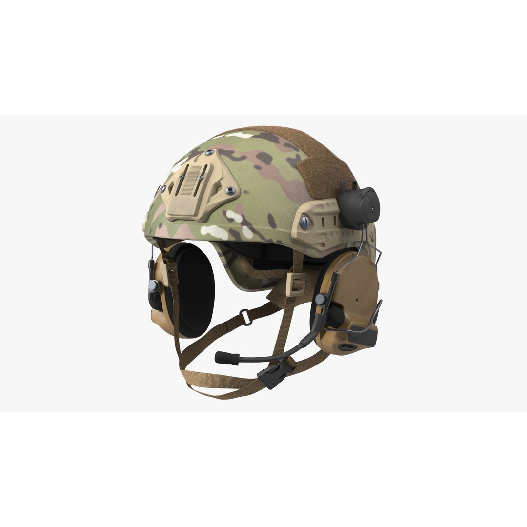 Tactical Gear Helmet 3D Model – Green Camo Fur, PBR Textures - View 6