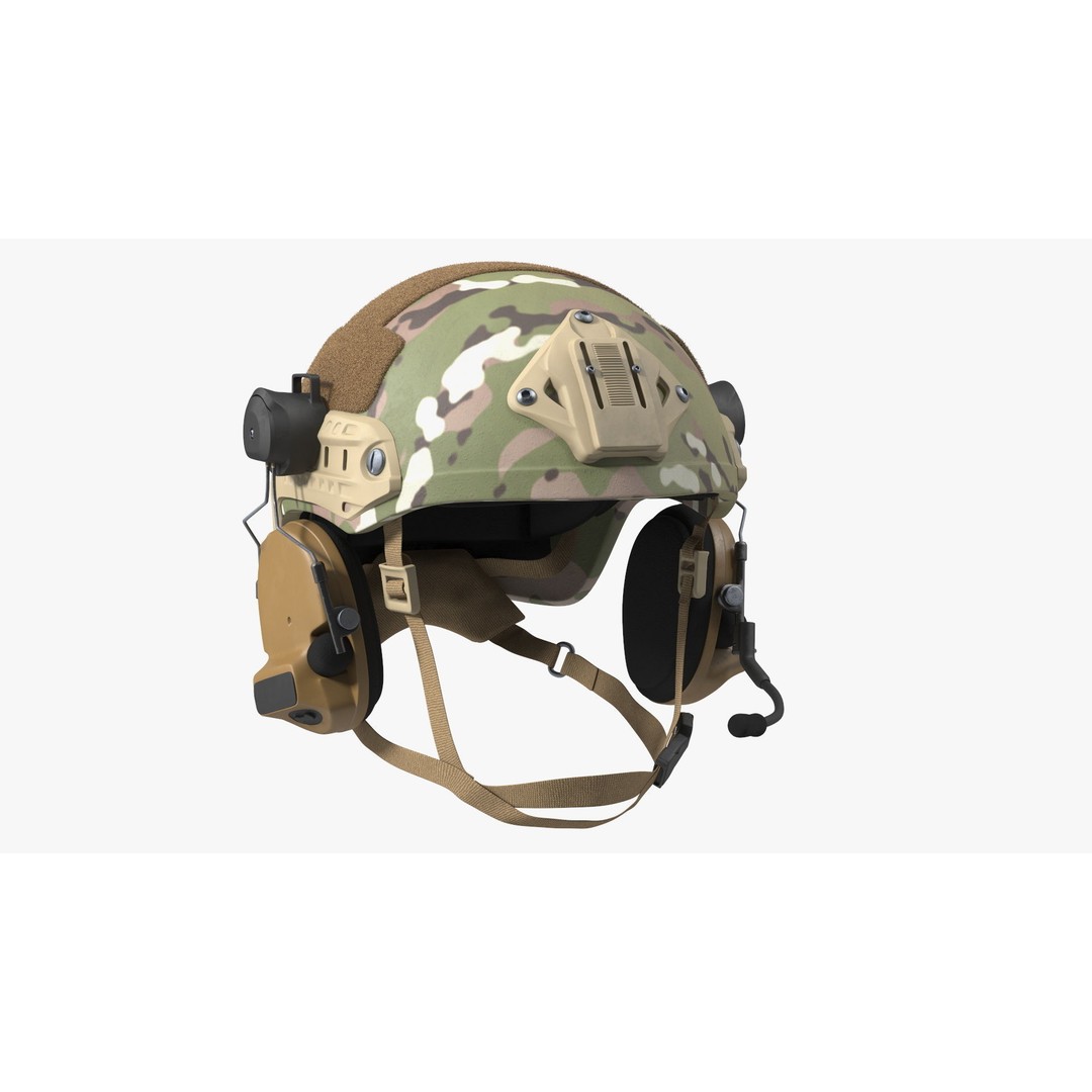 Tactical Gear Helmet 3D Model – Green Camo Fur, PBR Textures - View 7