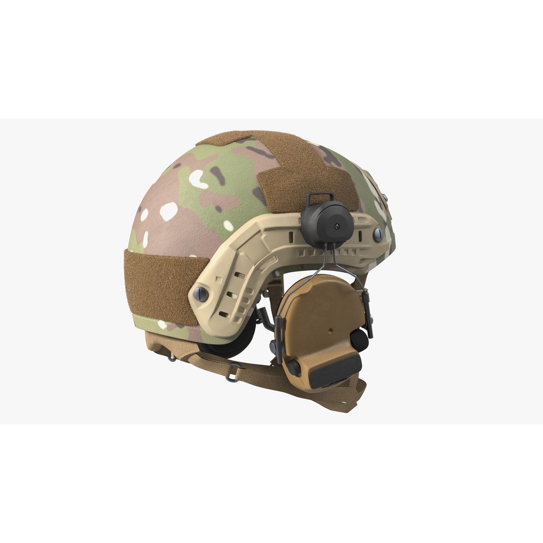 Tactical Gear Helmet 3D Model – Green Camo Fur, PBR Textures - View 8