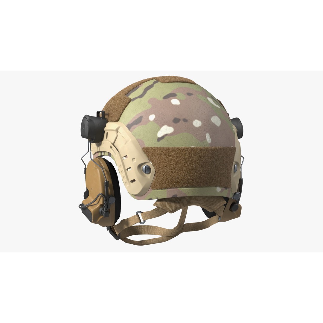Tactical Gear Helmet 3D Model – Green Camo Fur, PBR Textures - View 9