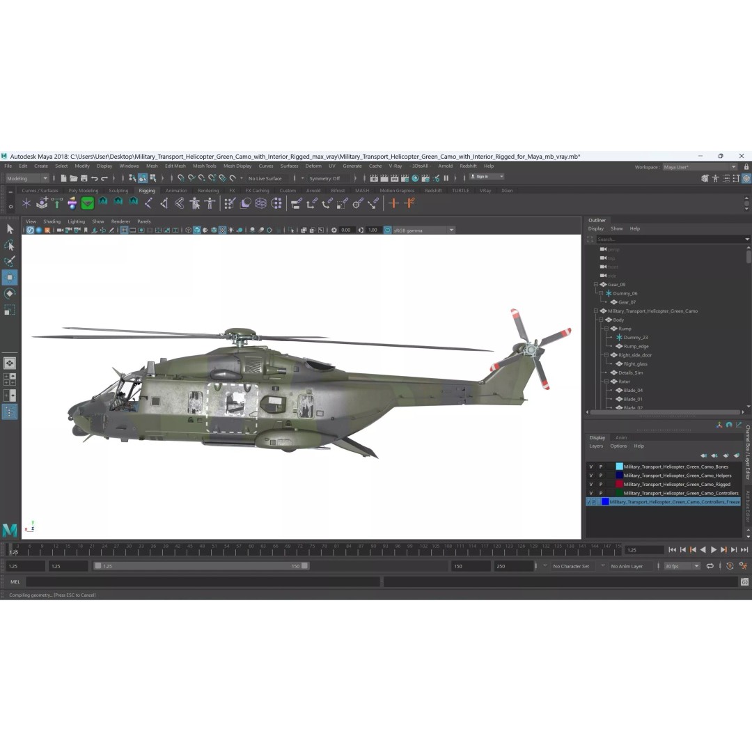 Military Transport Helicopter 3D Model – Rigged Green Camo for Maya