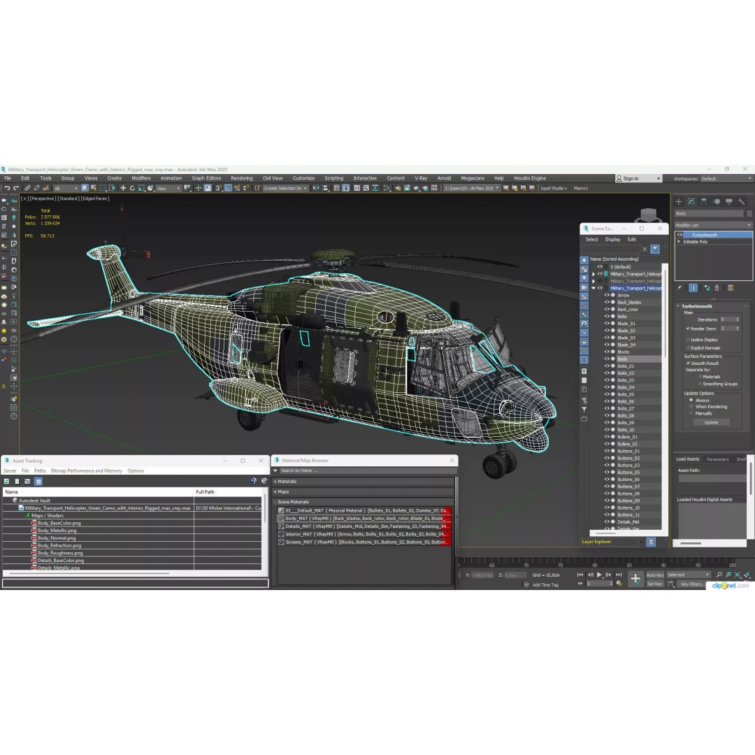 Military Transport Helicopter 3D Model – Rigged Green Camo for Maya - View 27