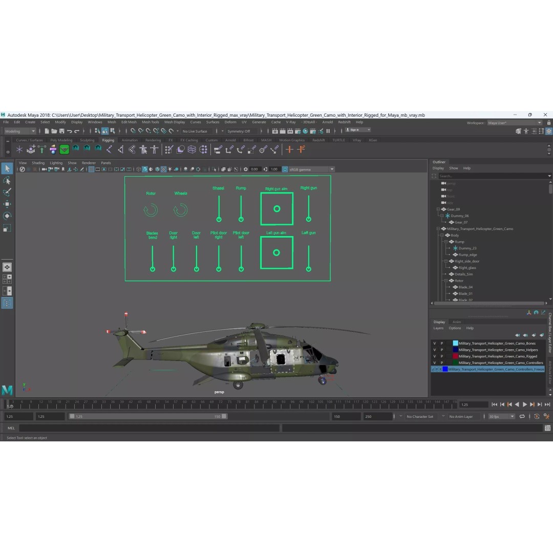 Military Transport Helicopter 3D Model – Rigged Green Camo for Maya - View 37