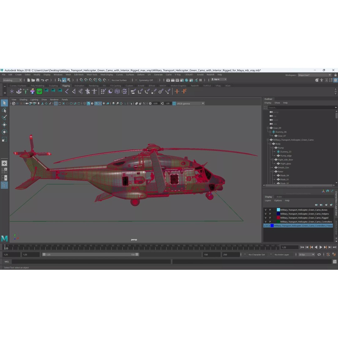 Military Transport Helicopter 3D Model – Rigged Green Camo for Maya - View 38