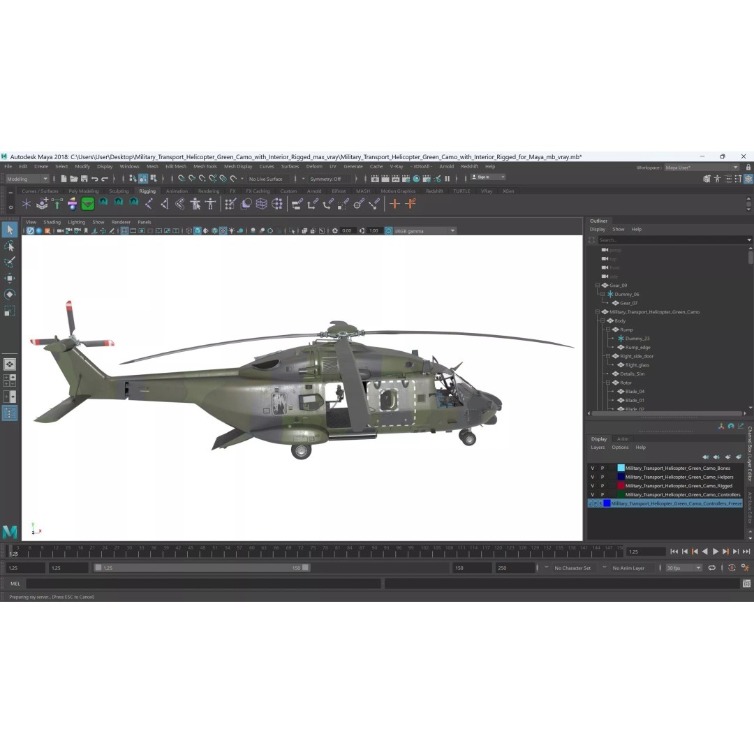 Military Transport Helicopter 3D Model – Rigged Green Camo for Maya - View 39