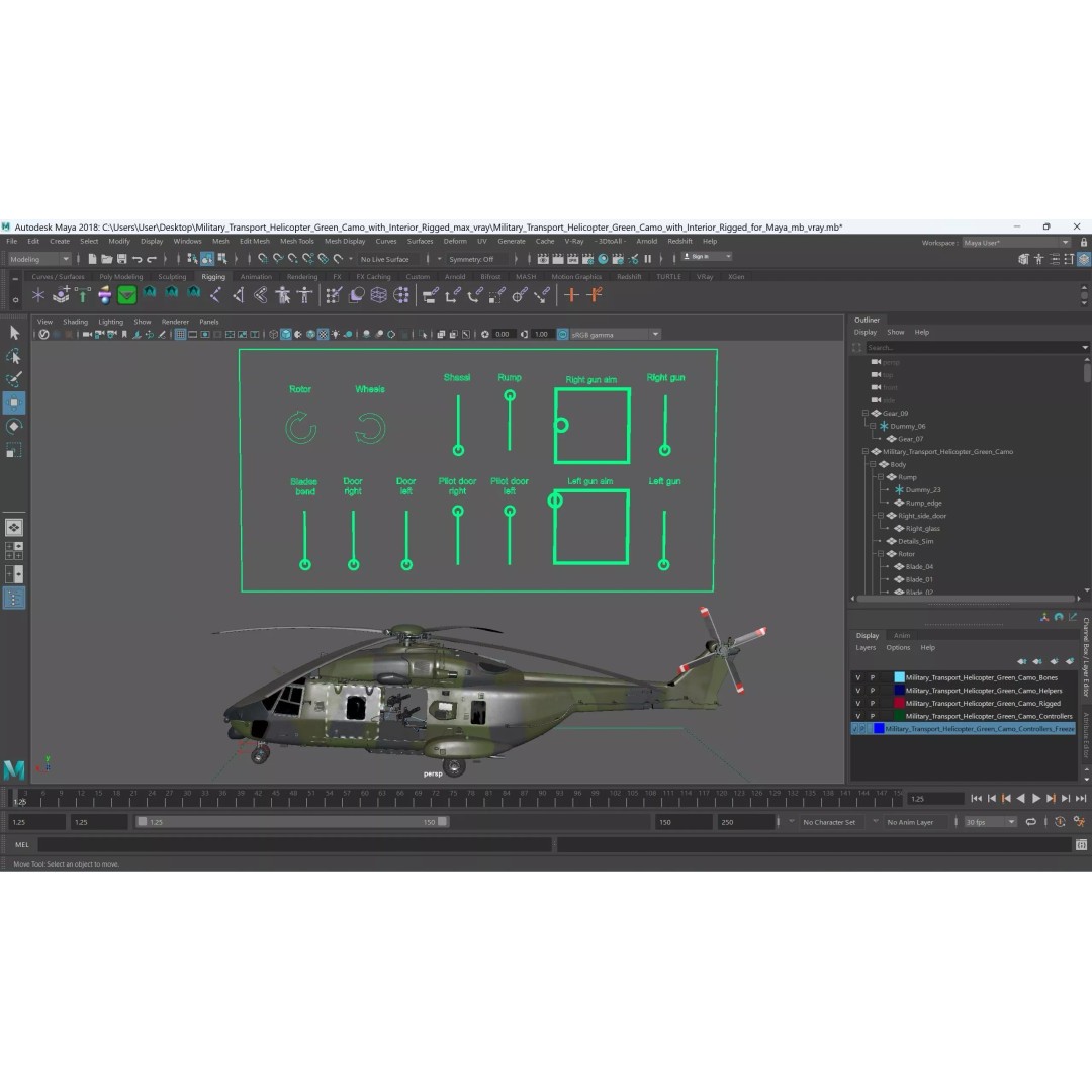 Military Transport Helicopter 3D Model – Rigged Green Camo for Maya - View 40