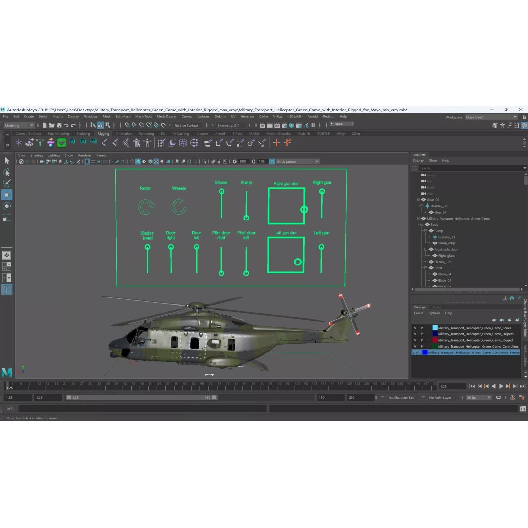 Military Transport Helicopter 3D Model – Rigged Green Camo for Maya - View 41