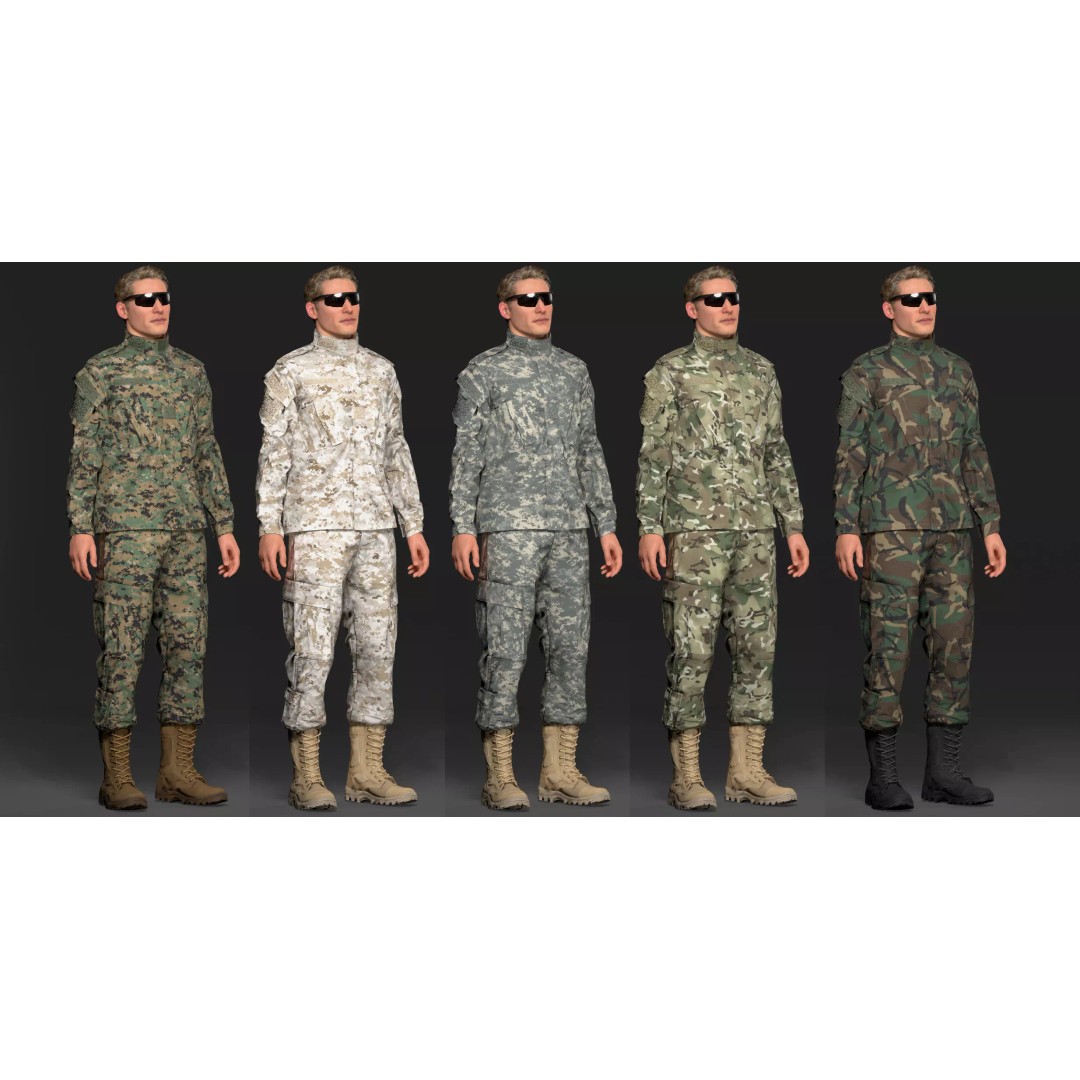 Modern Military Uniform 3D Model – Low Poly USMC & US Army Camos, FBX - View 2