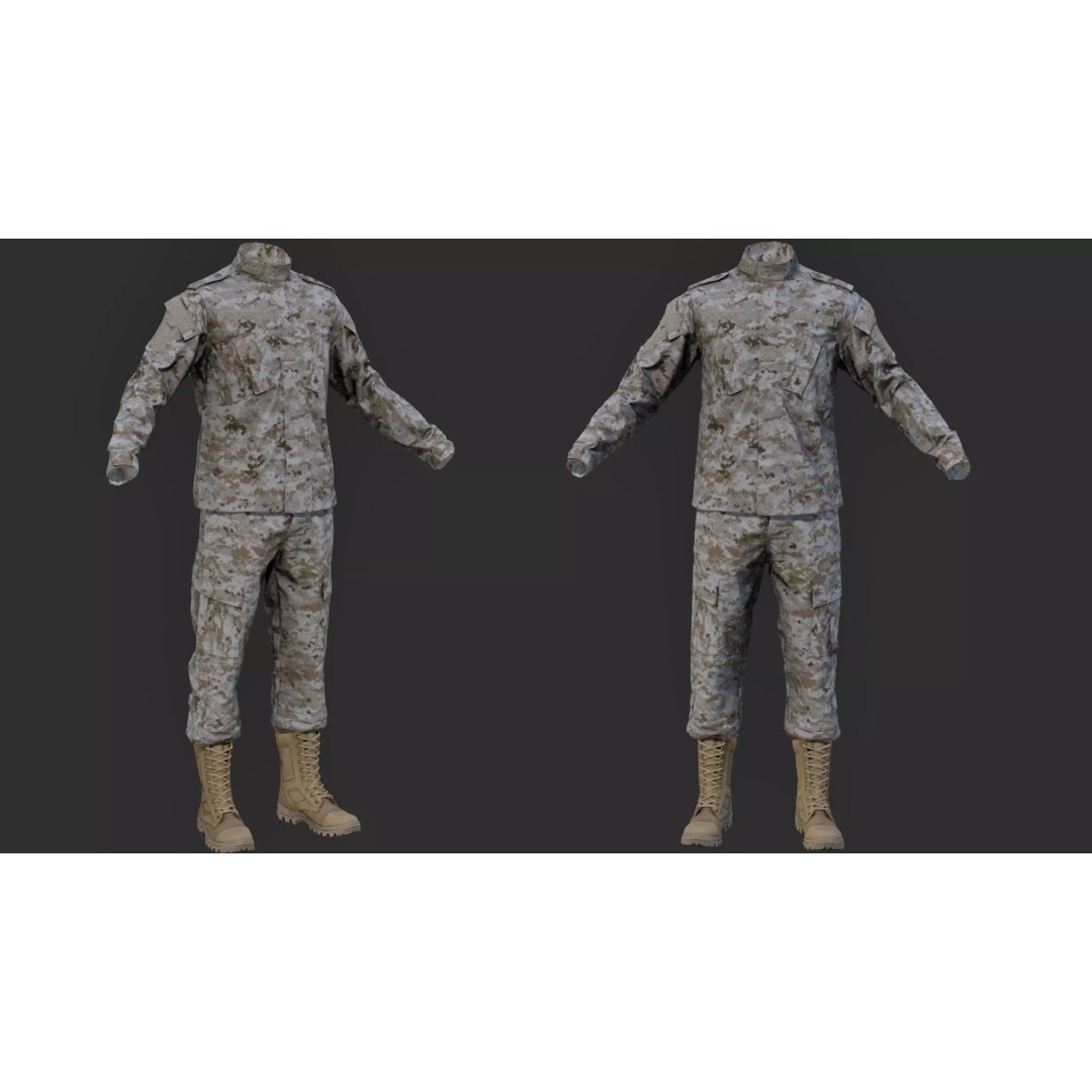 Modern Military Uniform 3D Model – Low Poly USMC & US Army Camos, FBX - View 21