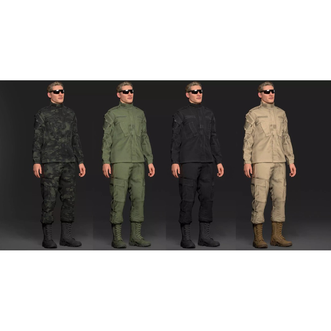 Modern Military Uniform 3D Model – Low Poly USMC & US Army Camos, FBX - View 3