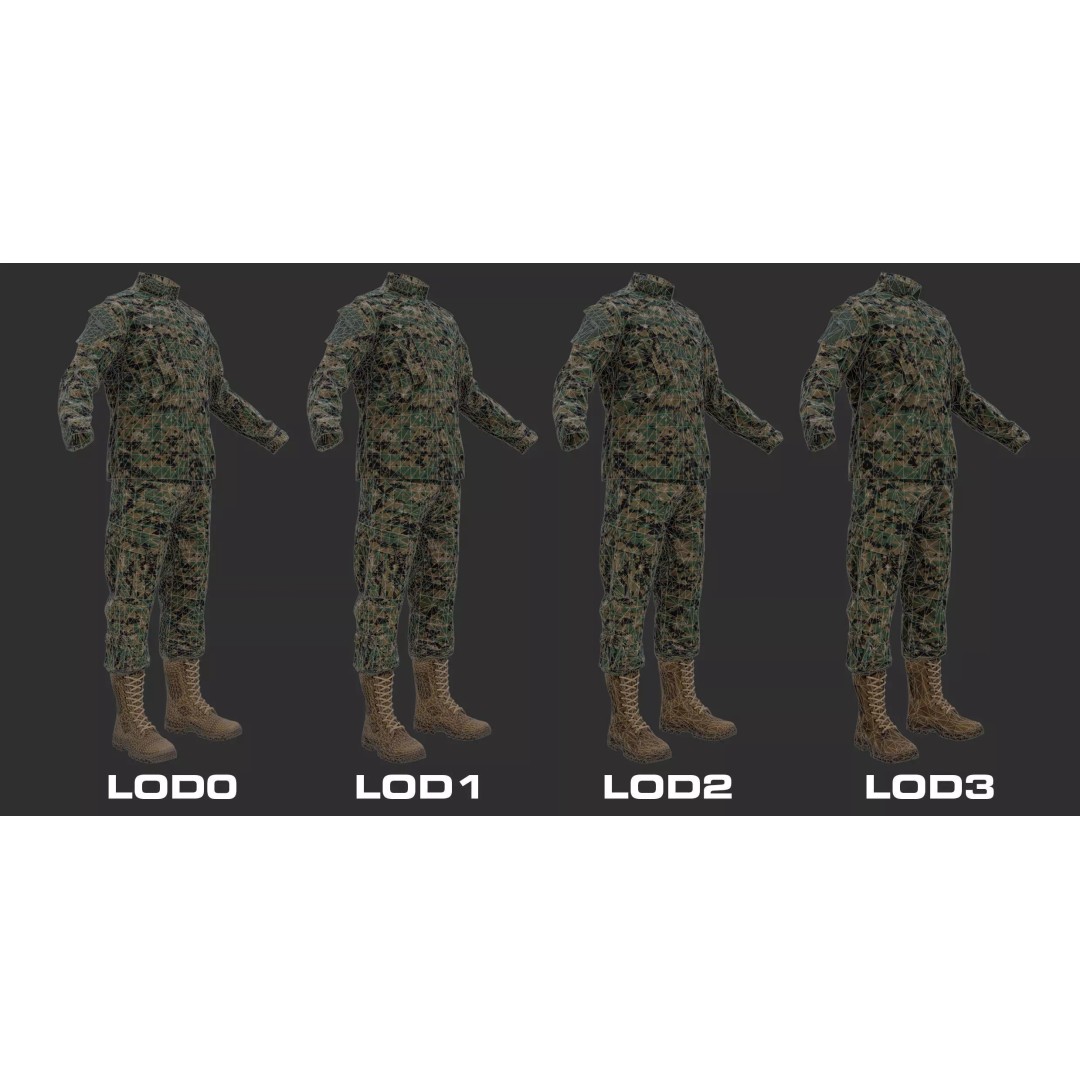 Modern Military Uniform 3D Model – Low Poly USMC & US Army Camos, FBX - View 5