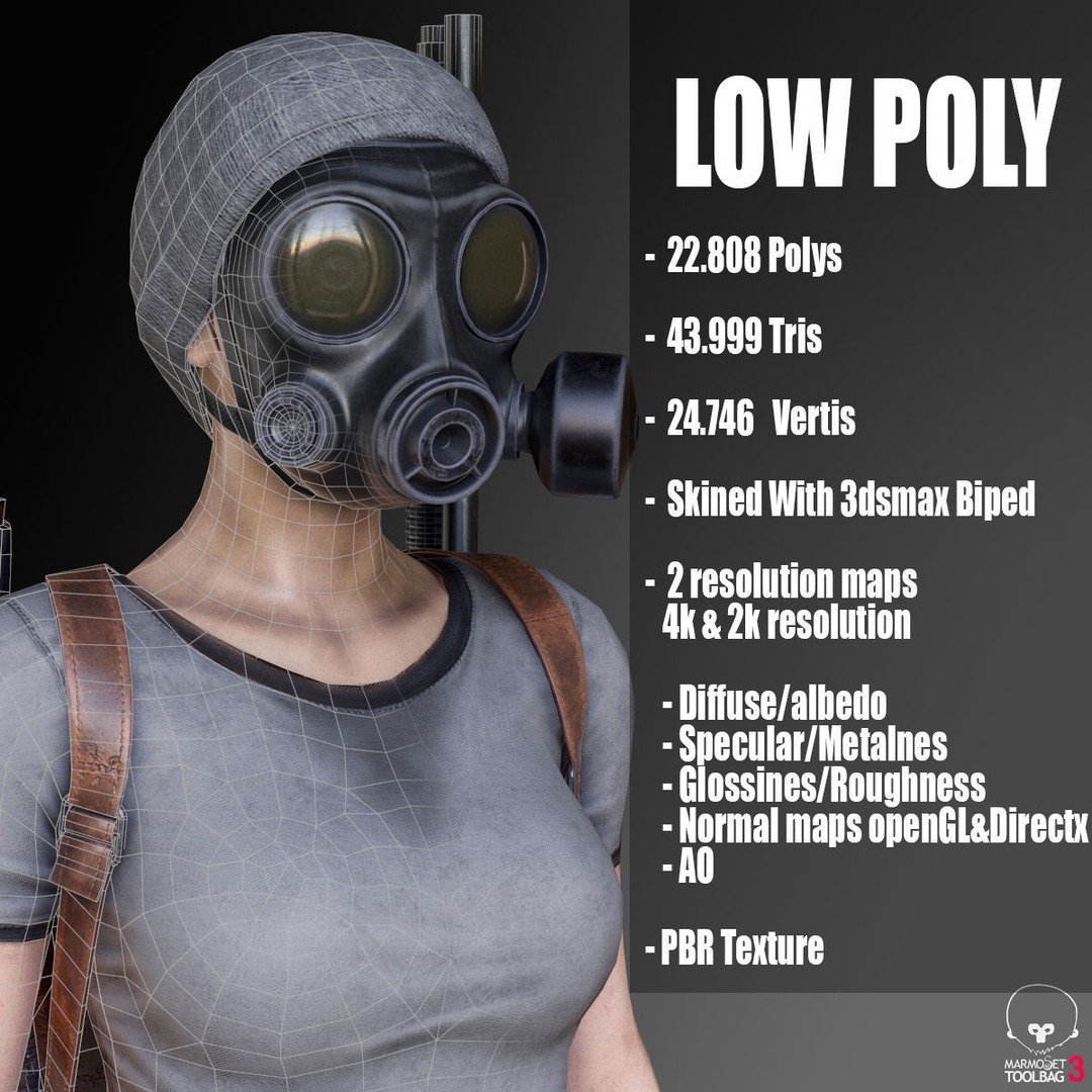 Female Survivor 3D Model – Low Poly Game-Ready Character with PBR Textures - View 3