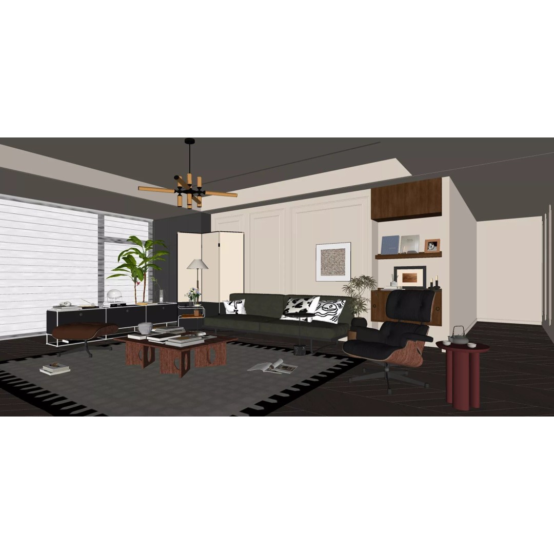 Mid-century Modern Living Room 3D Model – Vintage Design, PBR Textures