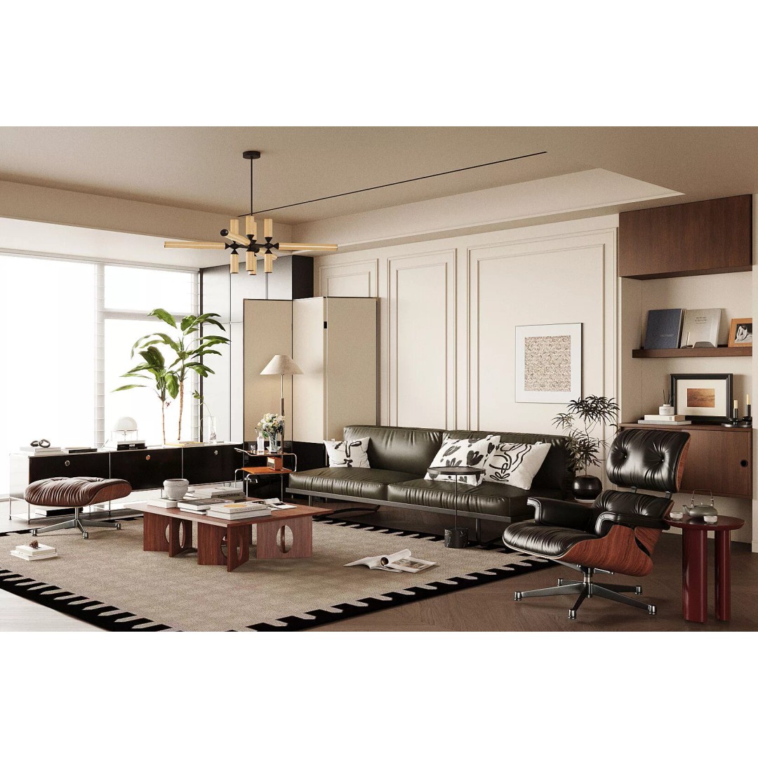 Mid-century Modern Living Room 3D Model – Vintage Design, PBR Textures - View 2