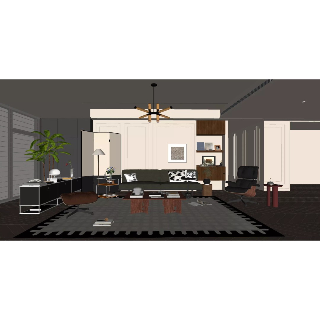 Mid-century Modern Living Room 3D Model – Vintage Design, PBR Textures - View 7