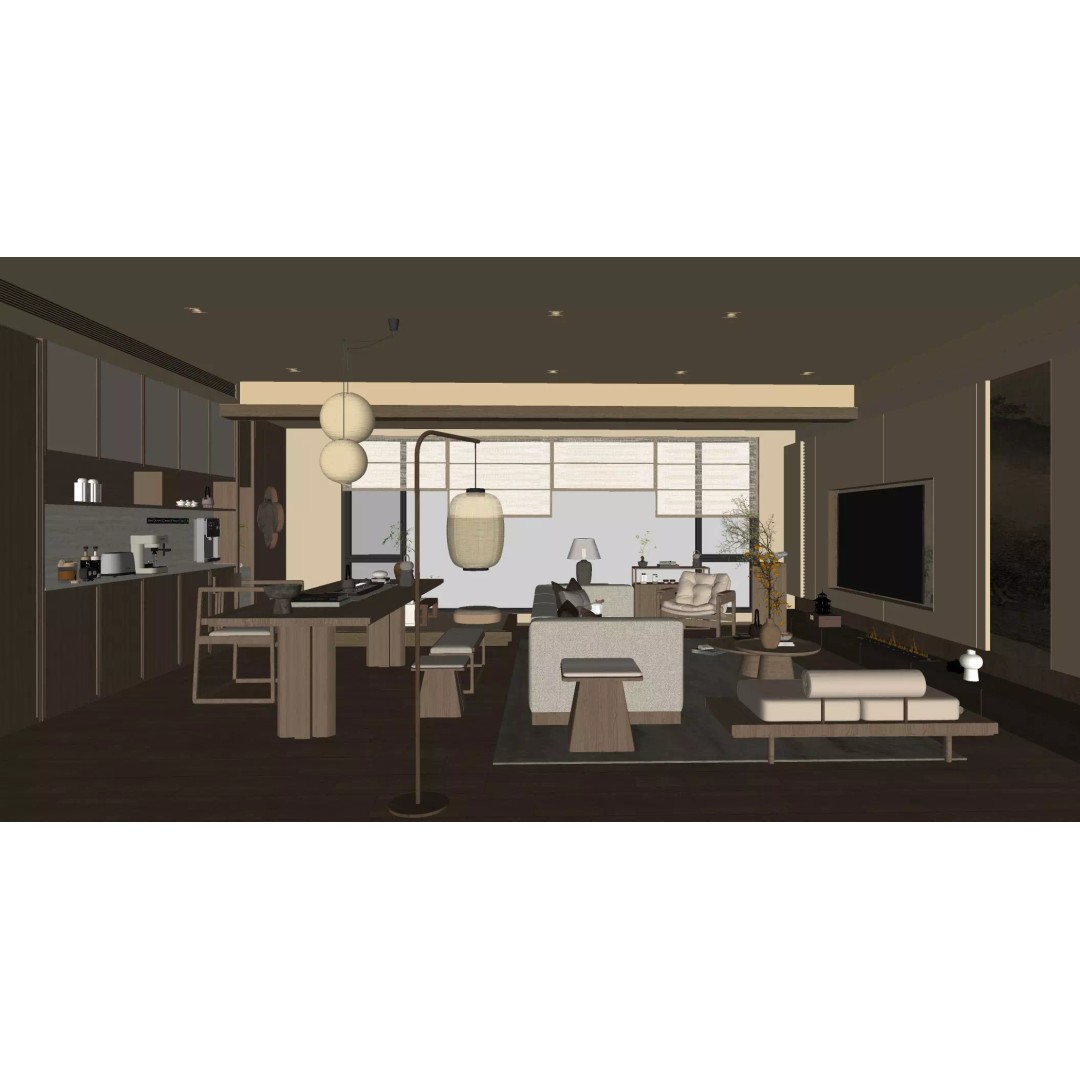 Chinese Song-Style Living and Dining Room 3D Model – Elegant Wood Furniture - View 11