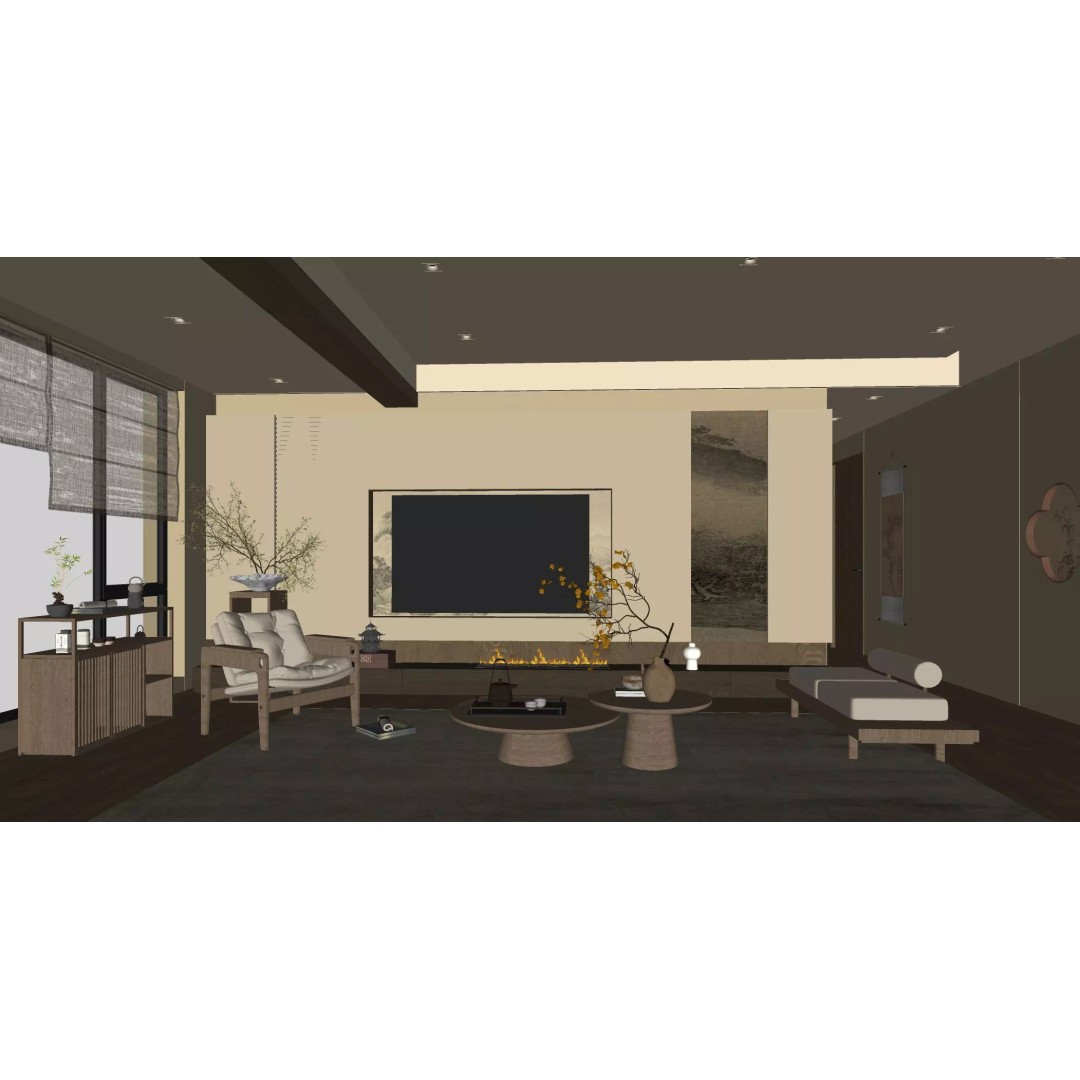 Chinese Song-Style Living and Dining Room 3D Model – Elegant Wood Furniture - View 12