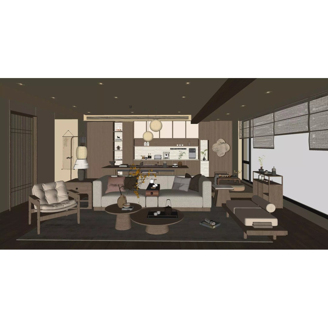 Chinese Song-Style Living and Dining Room 3D Model – Elegant Wood Furniture - View 8