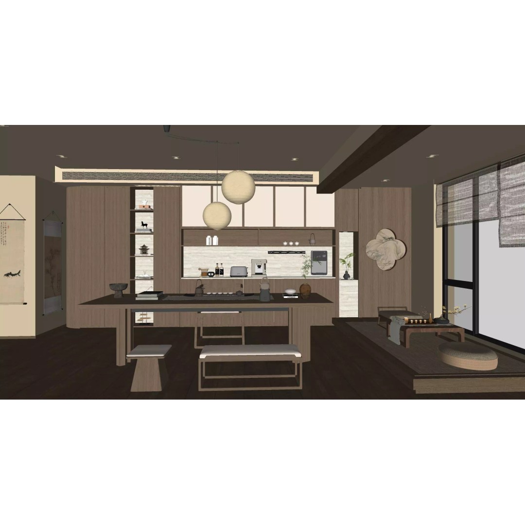 Chinese Song-Style Living and Dining Room 3D Model – Elegant Wood Furniture - View 9