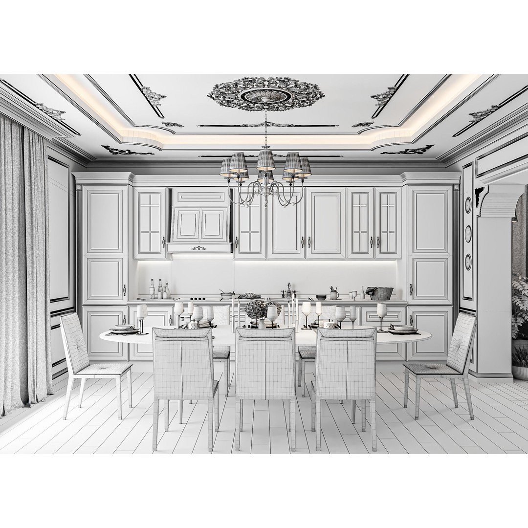 Neoclassical Living and Kitchen Room 3D Model – High Poly, PBR Textures, FBX, OBJ