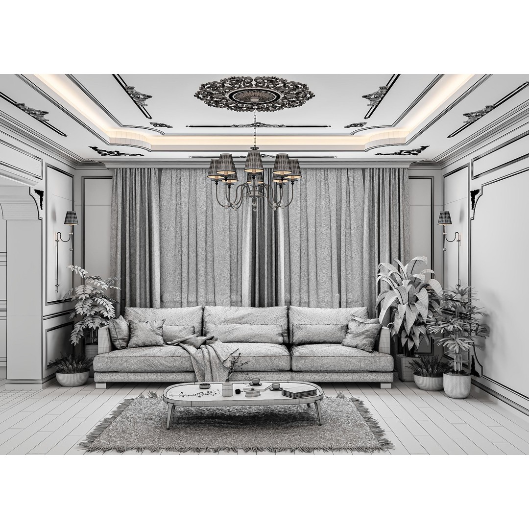 Neoclassical Living and Kitchen Room 3D Model – High Poly, PBR Textures, FBX, OBJ - View 11