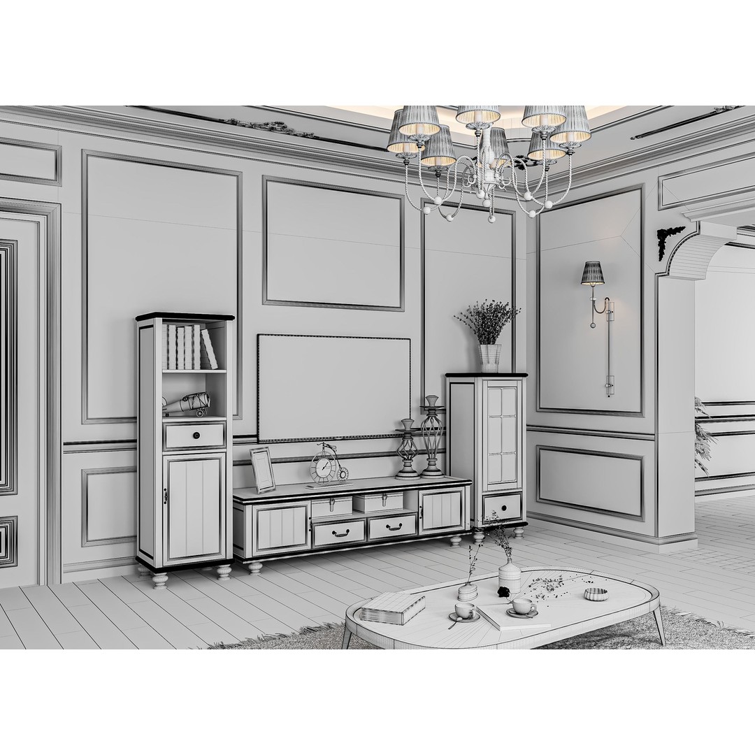 Neoclassical Living and Kitchen Room 3D Model – High Poly, PBR Textures, FBX, OBJ - View 12