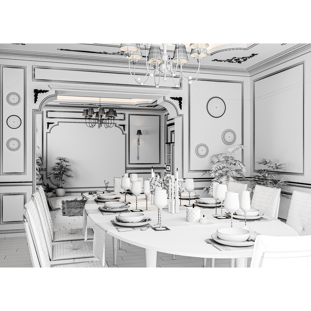 Neoclassical Living and Kitchen Room 3D Model – High Poly, PBR Textures, FBX, OBJ - View 13