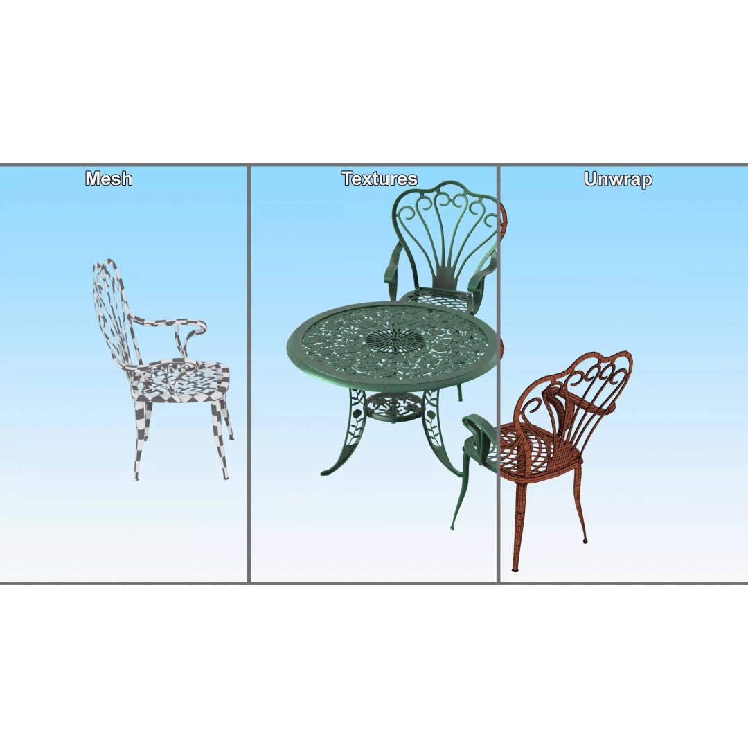 Vintage Patio Furniture Set 3D Model – Wrought Iron Outdoor Furniture, PBR Textures - View 12