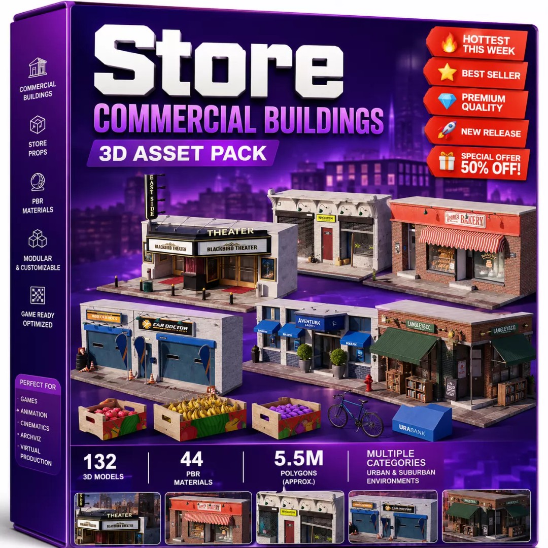 Store Commercial Buildings 3D Model – Low Poly Urban Asset Pack - View 2