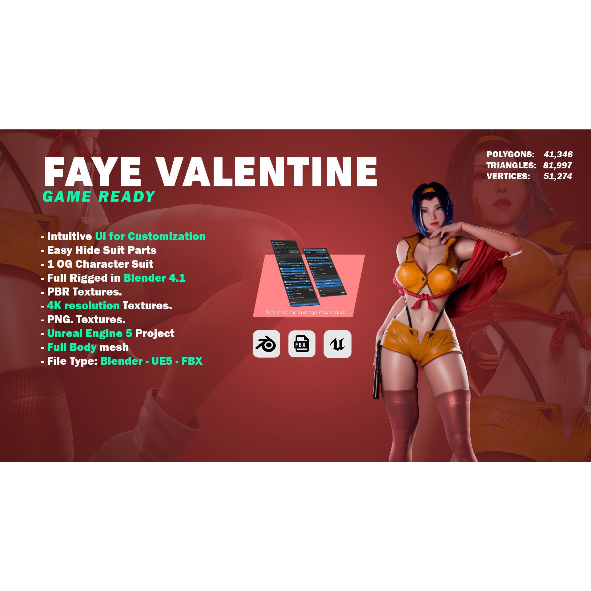 Faye Valentine - Low-Poly Game-Ready 3D Model - View 3