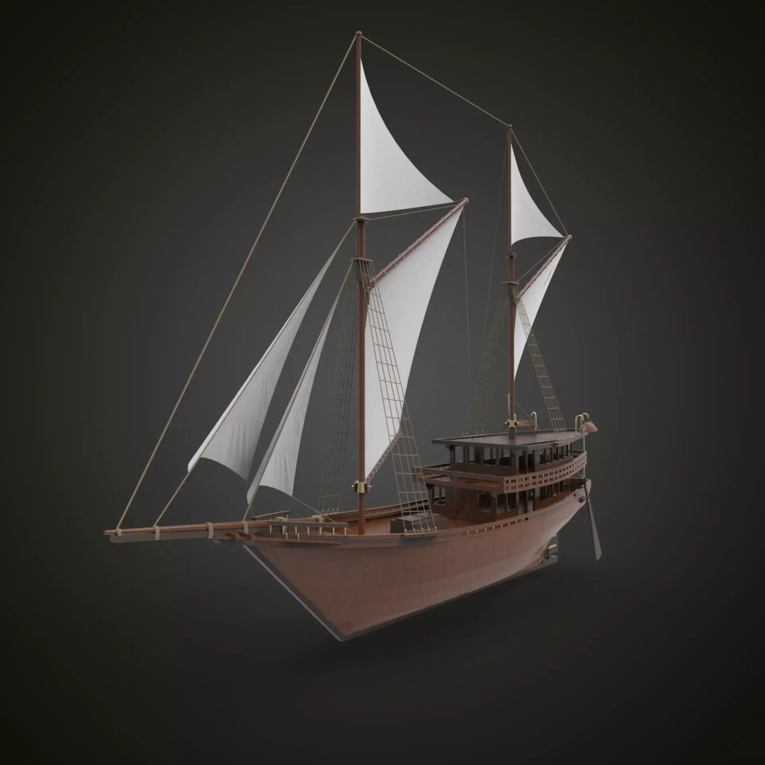 Pinisi Sailboat 3D Model – Historic Wood Vessel, PBR Textures, FBX - View 2