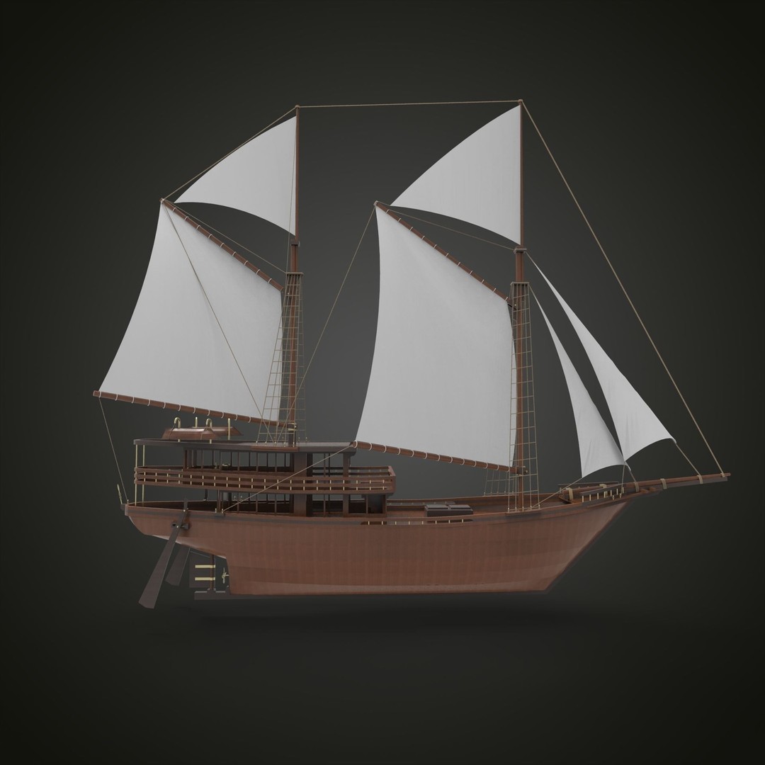Pinisi Sailboat 3D Model – Historic Wood Vessel, PBR Textures, FBX - View 3