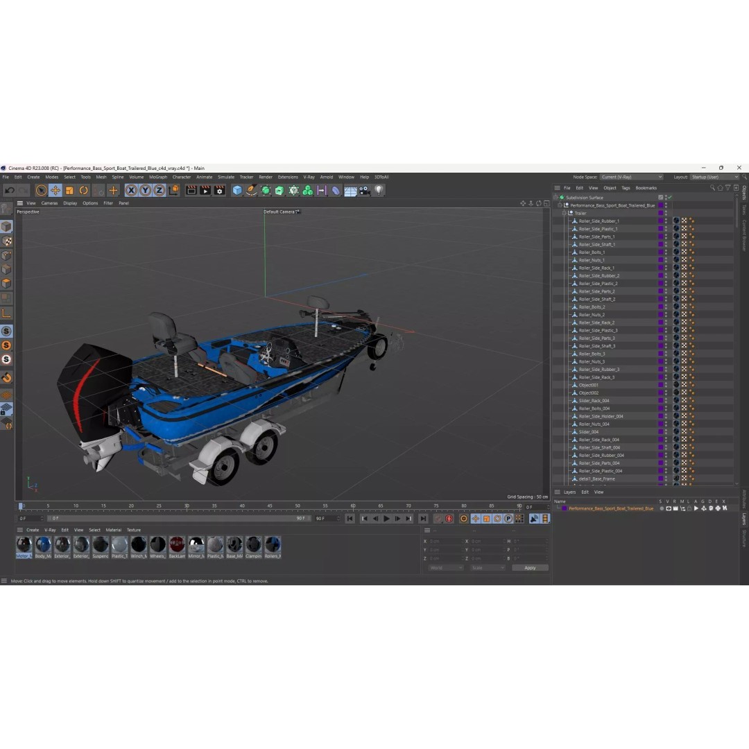 Performance Bass Sport Boat 3D Model – Blue Trailered Vessel with PBR Textures
