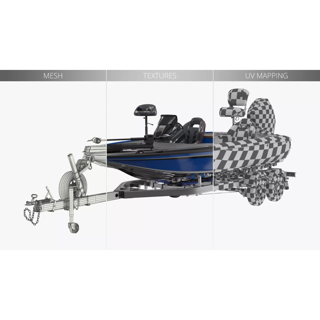 Performance Bass Sport Boat 3D Model – Blue Trailered Vessel with PBR Textures - View 12
