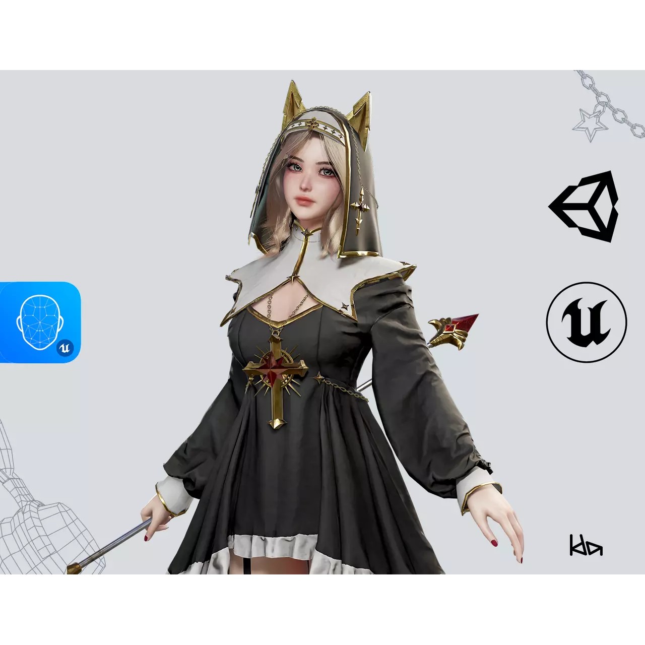 Priestess Girl - Low-Poly Game-Ready 3D Model - View 2