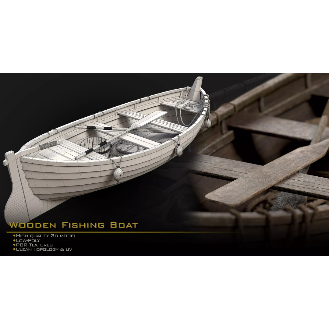 Wooden Fishing Boat 3D Model – Medieval Style, Low Poly, Game Ready - View 12