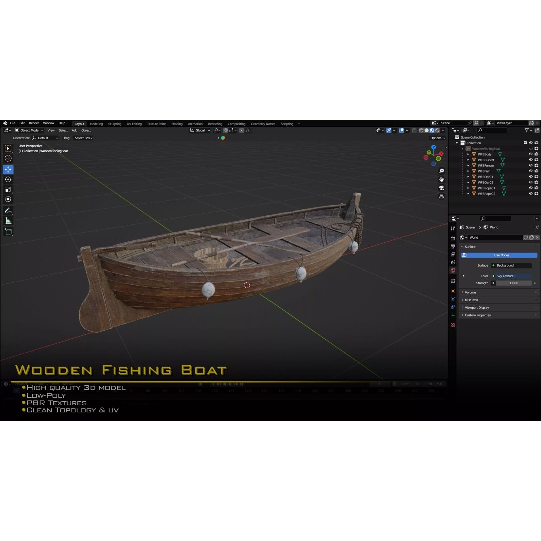 Wooden Fishing Boat 3D Model – Medieval Style, Low Poly, Game Ready - View 13