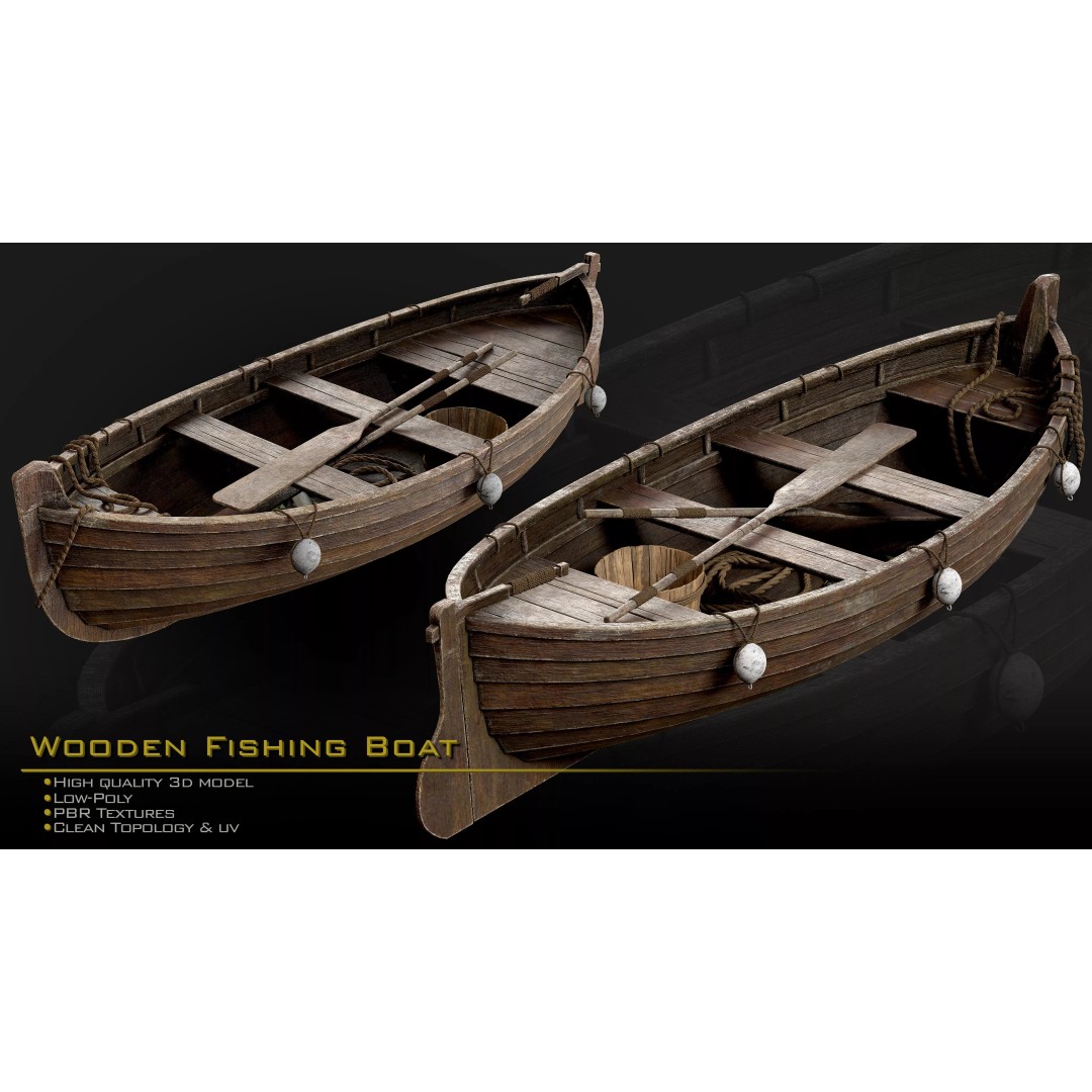 Wooden Fishing Boat 3D Model – Medieval Style, Low Poly, Game Ready - View 3