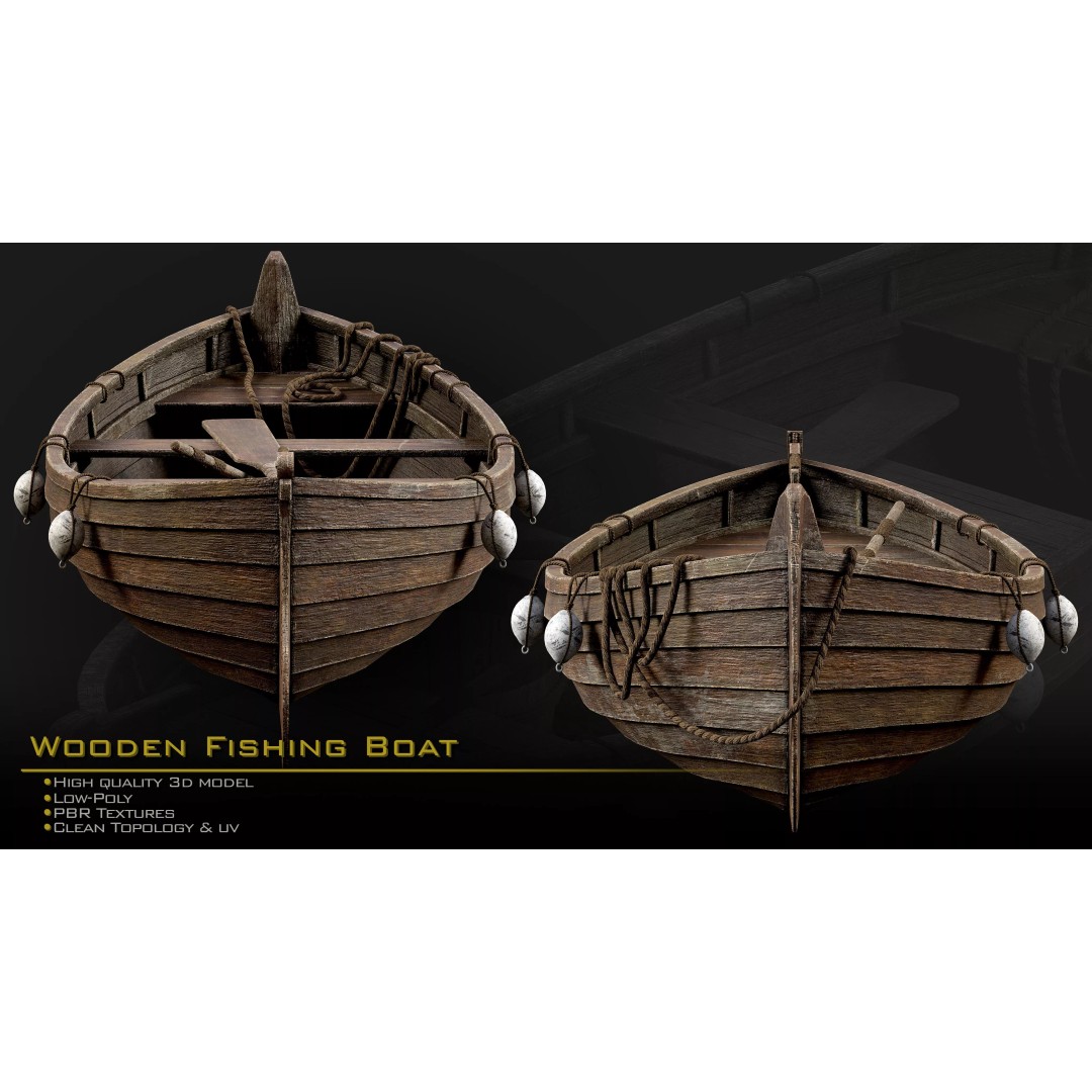 Wooden Fishing Boat 3D Model – Medieval Style, Low Poly, Game Ready - View 6