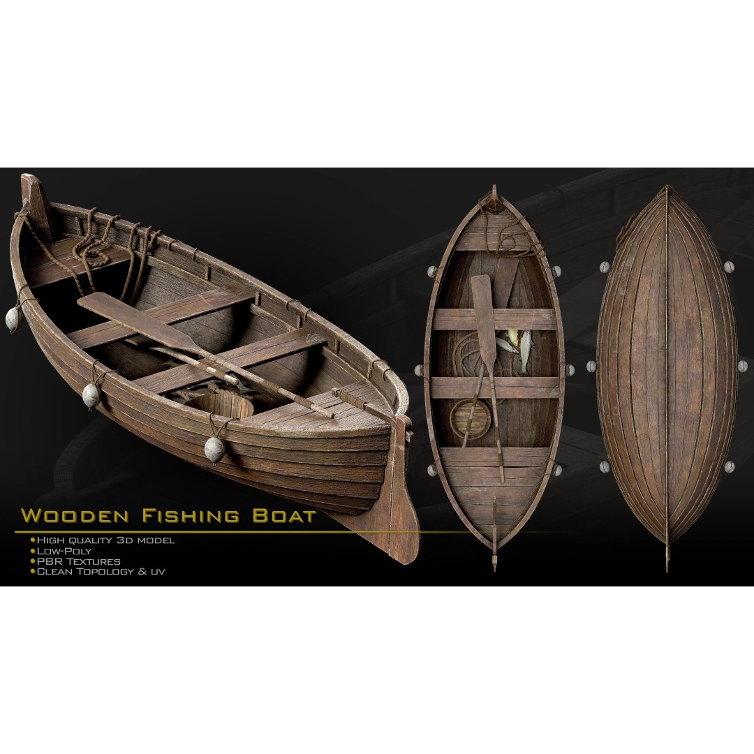 Wooden Fishing Boat 3D Model – Medieval Style, Low Poly, Game Ready - View 8