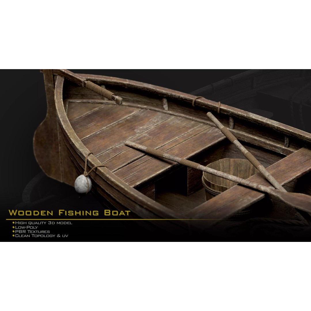 Wooden Fishing Boat 3D Model – Medieval Style, Low Poly, Game Ready - View 9