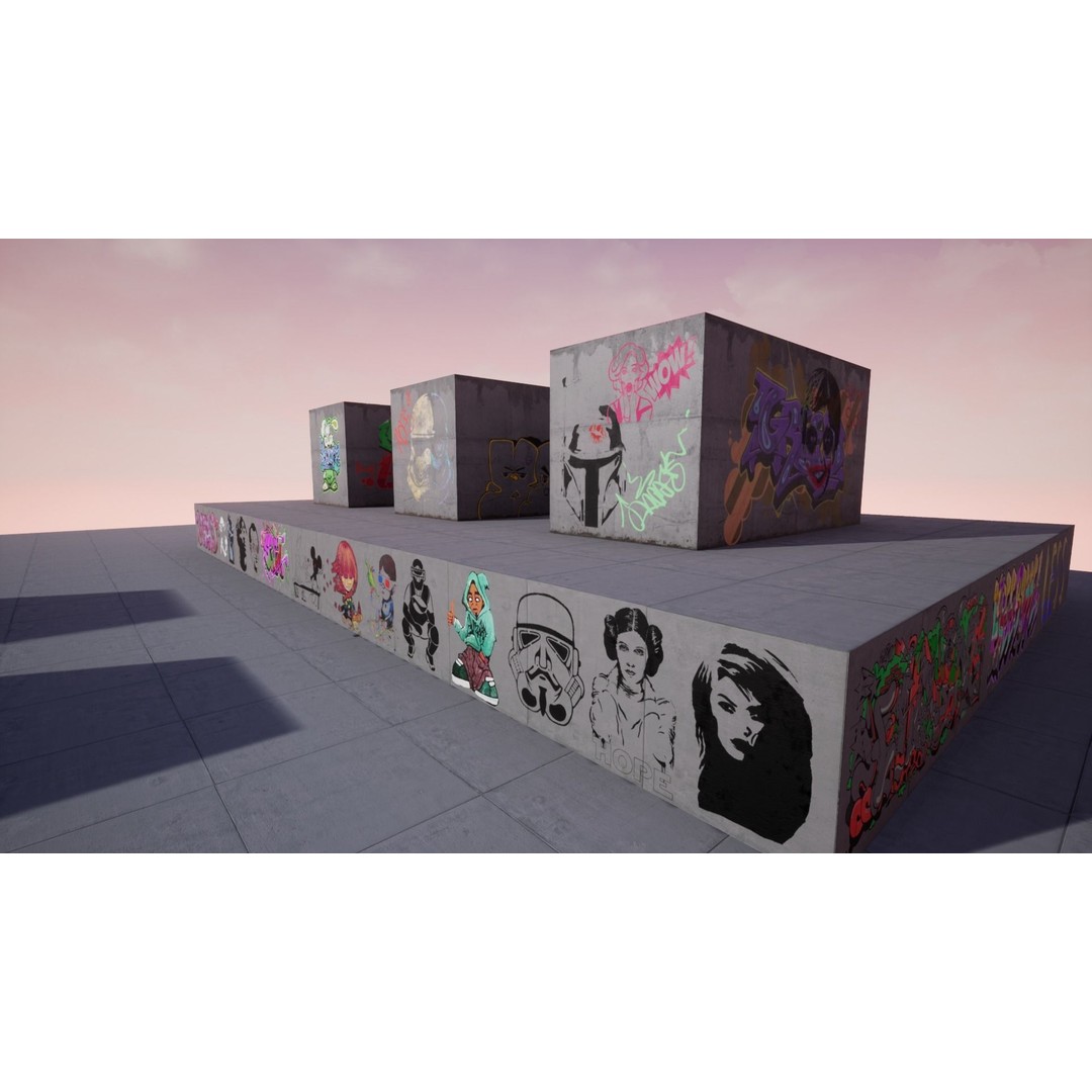 100 Procedural Graffiti Decals 3D Model – Low Poly Game Asset for UE4 - View 6