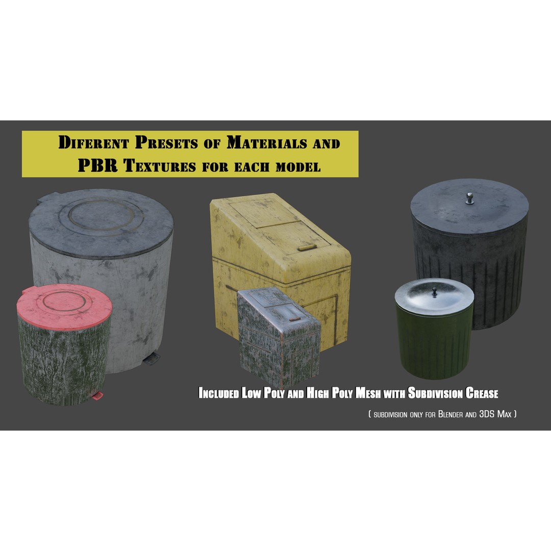 Trash Can 3D Model – Low Poly PBR Textures, FBX, OBJ, Blender - View 3