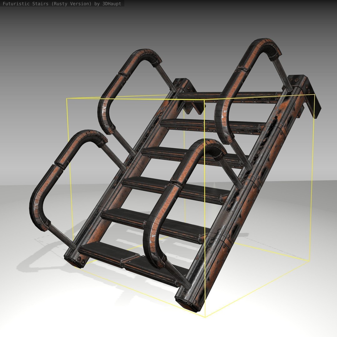 Futuristic Stairs 3D Model – Low Poly Rusty Design, FBX & OBJ - View 24