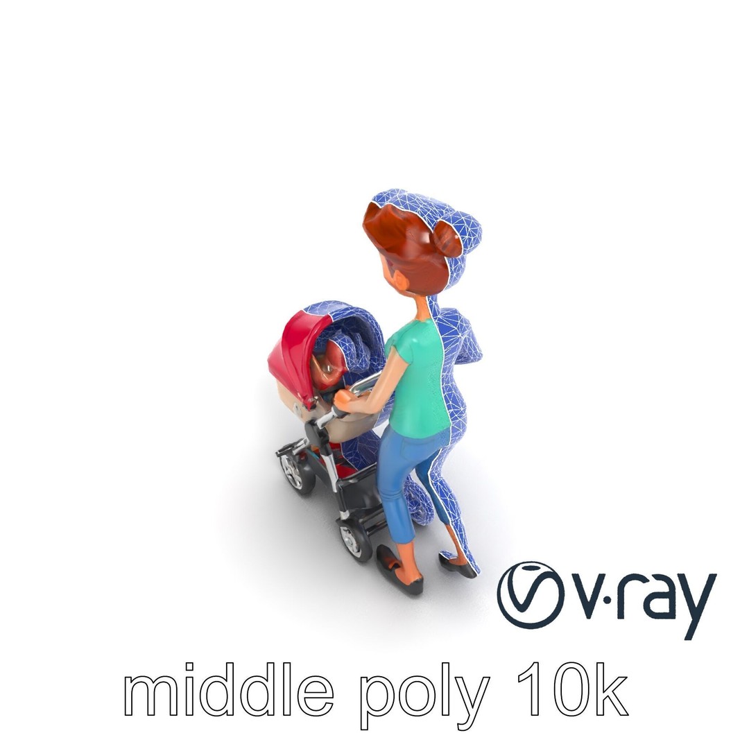 Cartoon Woman with Stroller 3D Model – Low Poly Game Asset, FBX