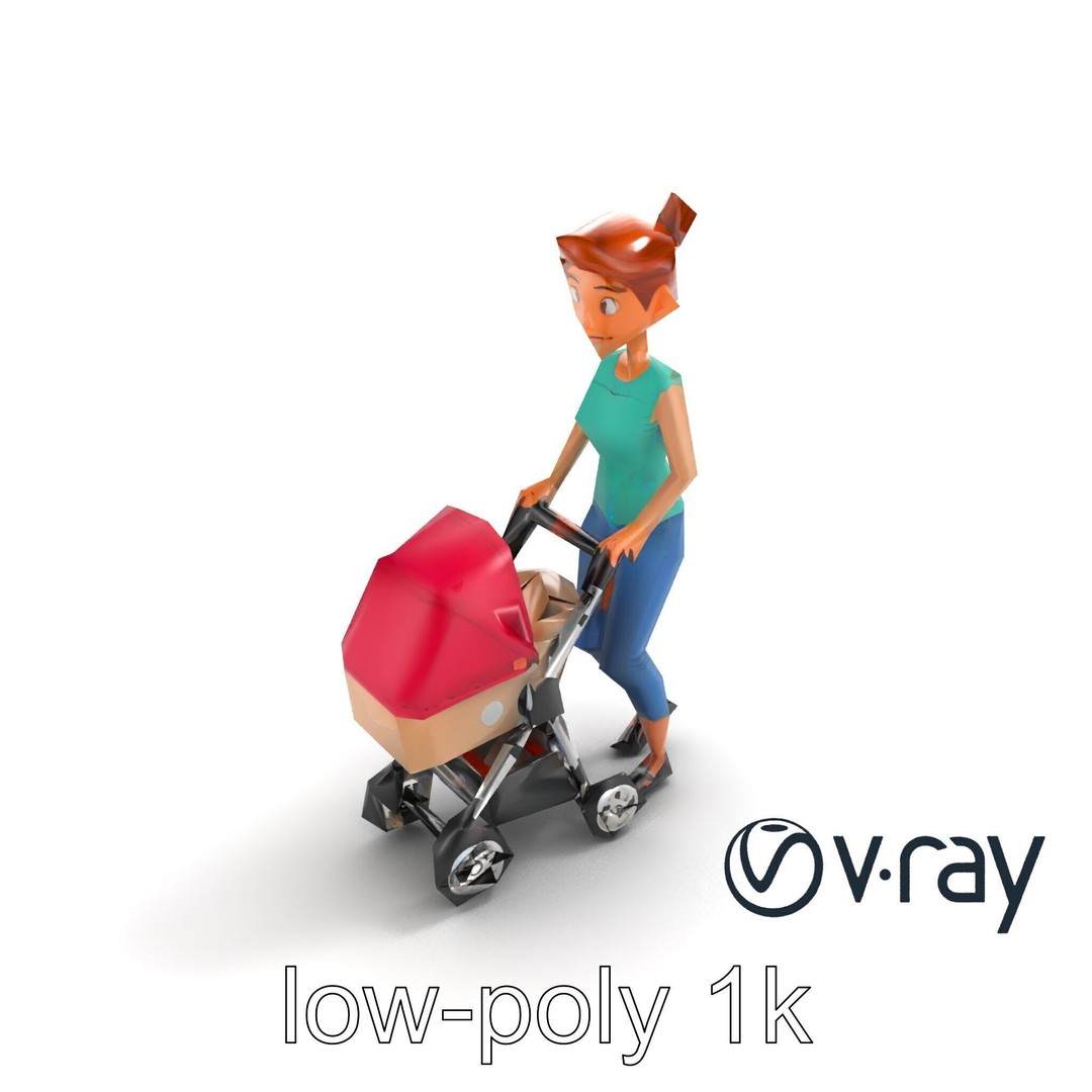 Cartoon Woman with Stroller 3D Model – Low Poly Game Asset, FBX - View 10